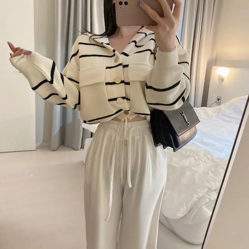 Loose Women's Knitted Cardigan Coat with Big Pockets Striped Splicing Drawstring Hem Single Buttoned Open Front Sweater