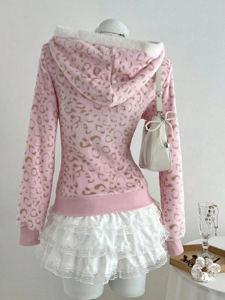Cute Pink Leopard Pint Hooded Y2k Clothes Aesthetic 2000s Vintage Kpop Women's Sweatshirts Zip-up Grunge Gyaru Hoody Gothic Top