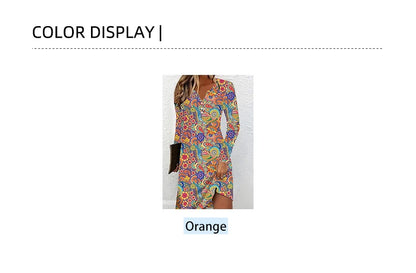 Women's Printed A-Line Dress – Long-Sleeve V-Neck Ruffle Summer Dress