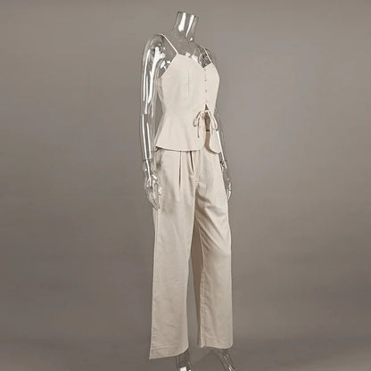 Mueyaruho Women 2026 Summer Office Pant Set Suits Solid Beige Outfits 2 Two Piece Wide Leg Matching Set For Women