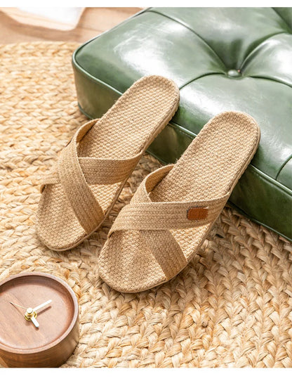 Men Shoes Slippers Linen Home Indoor Open Toe Flat Shoe Beach Slippers Striped Spliced Rubber Sandals Zapatillas Hombre