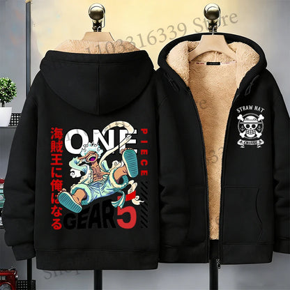 One Piece Man Thick Hooded Jacket Woman Winter Keep Warm Coat Anime Luffy Print Fleece Jacket Thermal Long Sleeve Hooded Clothes