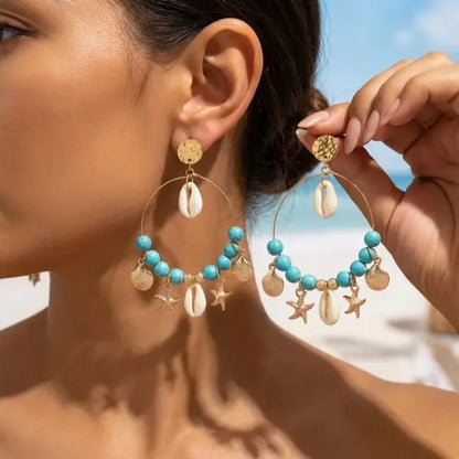 Boho Stone Hoop Earrings – Starfish & Shell Dangle (Y2K Beach)