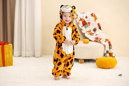 Baby Winter Rompers - Soft Polyester Hooded Jumpsuit With Animal Pattern, Machine Washable