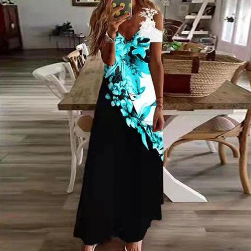 Women's Summer Dress - Sleeveless Printed White Lace Floor-Length Suspender Dress