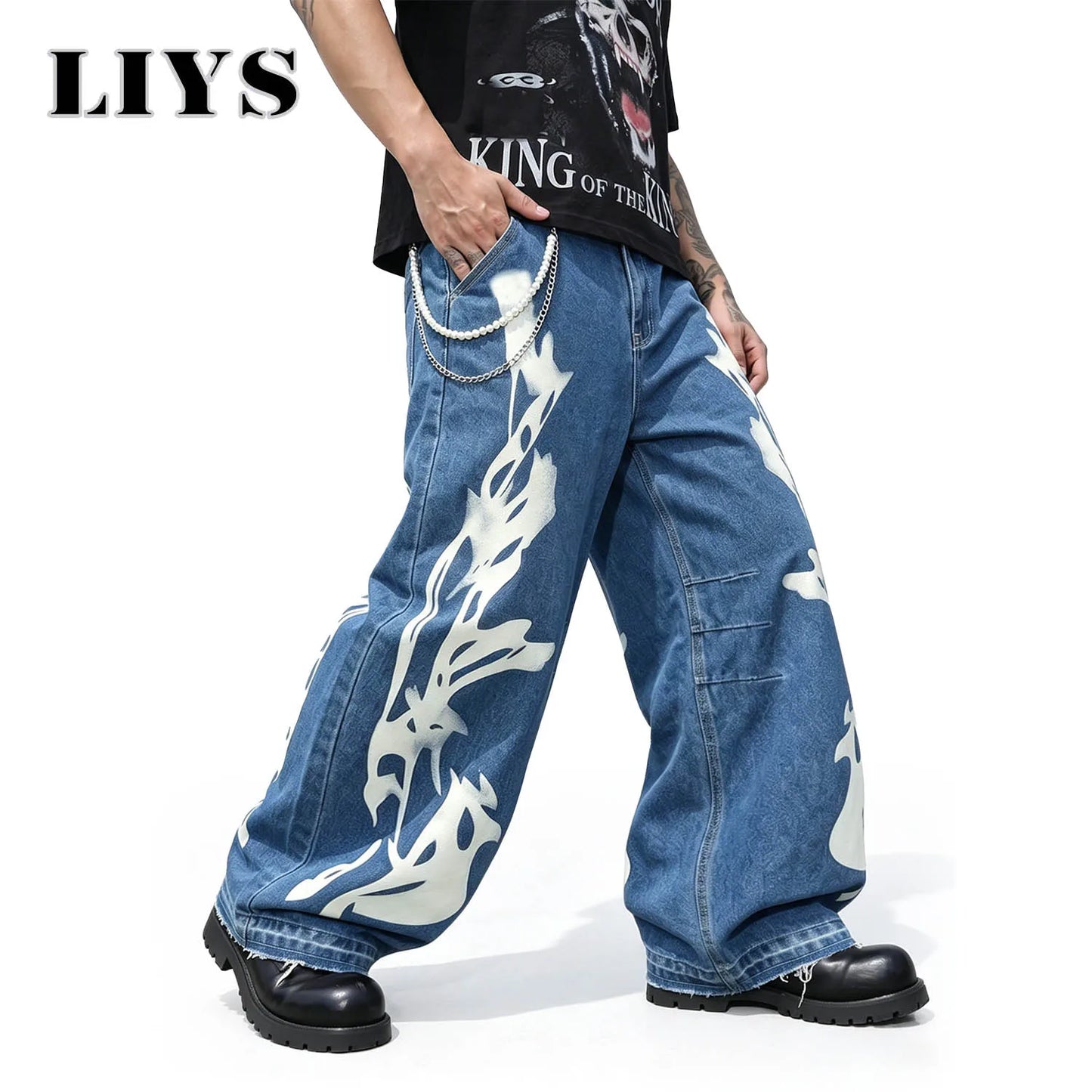 LIYS Men's American High Street Flame Printed Jeans Retro Fashion Loose Wide Leg Hairy Straight Leg Floor Pants Trendy Brand Y2K