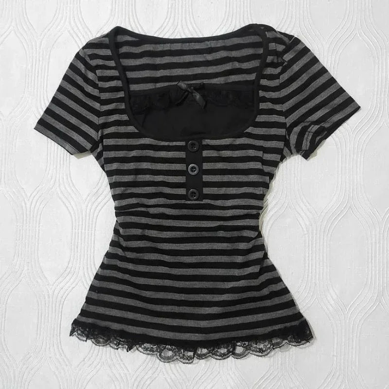 Y2k Crop Top Women Hot Girl Stripe Street Emo 2000s Cloth Summer Vintage Short Sleeve T-shirt Fashion Chic Classic Cute Baby Tee