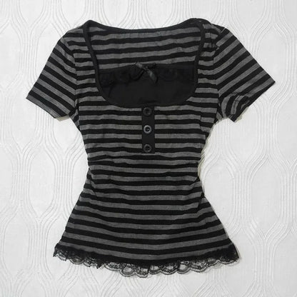 Y2k Crop Top Women Hot Girl Stripe Street Emo 2000s Cloth Summer Vintage Short Sleeve T-shirt Fashion Chic Classic Cute Baby Tee