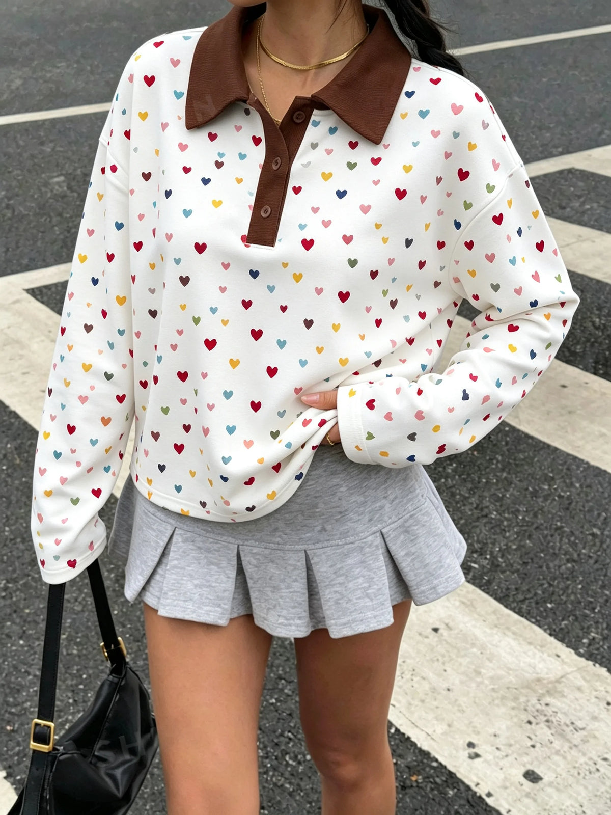 Women's Autumn Casual Lapel Button Color Block Geometric Pattern Long Sleeve Hoodie Top for Daily Travel