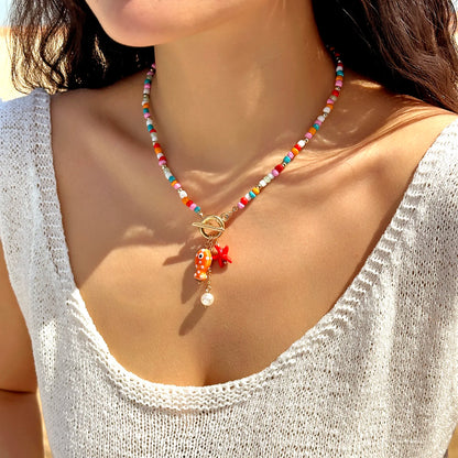 Bohemian Ceramic Fish & Starfish Pendant Necklaces for Women Men Colorful Rice Beaded Chain Necklaces Lightweight Beach Jewelry