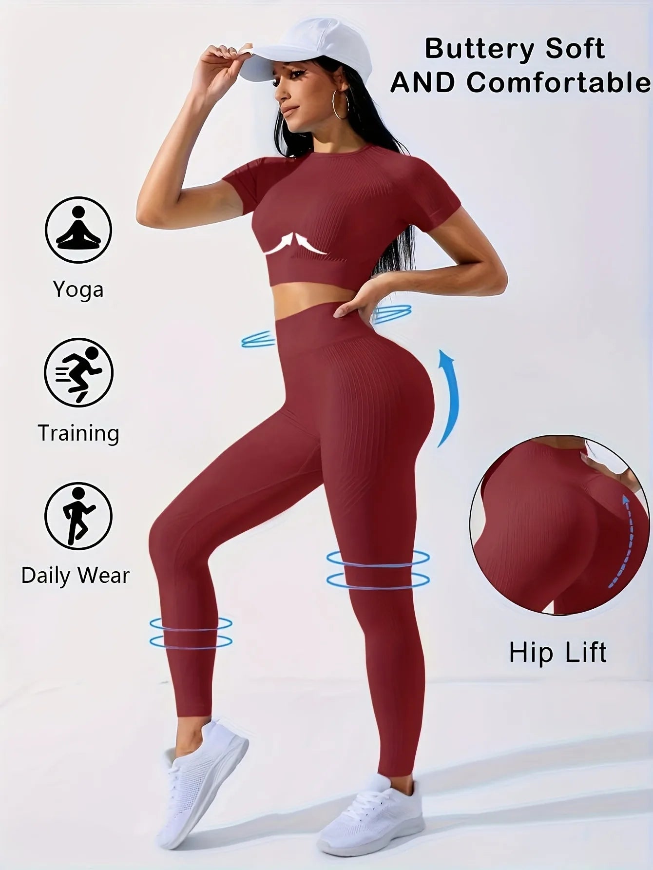 Workout Sets Outfits for Women – Yoga Leggings with Short Sleeve Crop Top, Slim Fit Tummy Control Butt Lifting Waist Shaping, Seamless Ribbed Texture, Breathable Soft Fabric, Non-Pilling, Perfect for Fall Winter Gym Yoga Ru