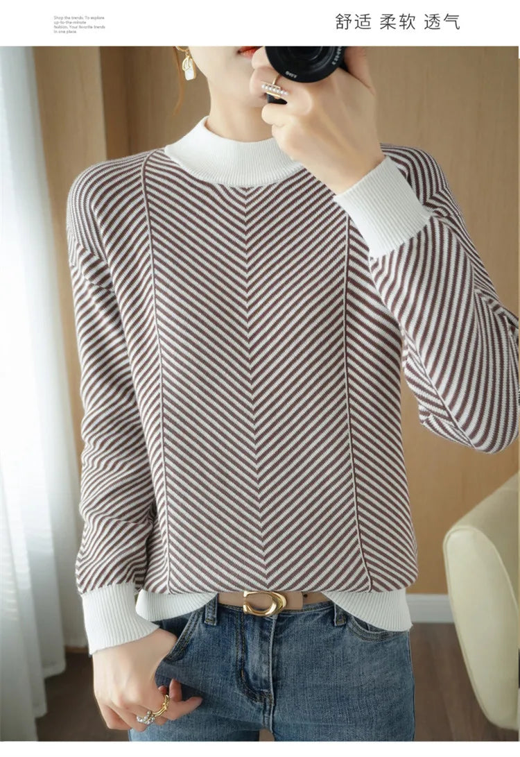 Women's autumn and winter 100% pure cotton knitted semi high neck pullover casual striped warm sweater fashionable hot selling