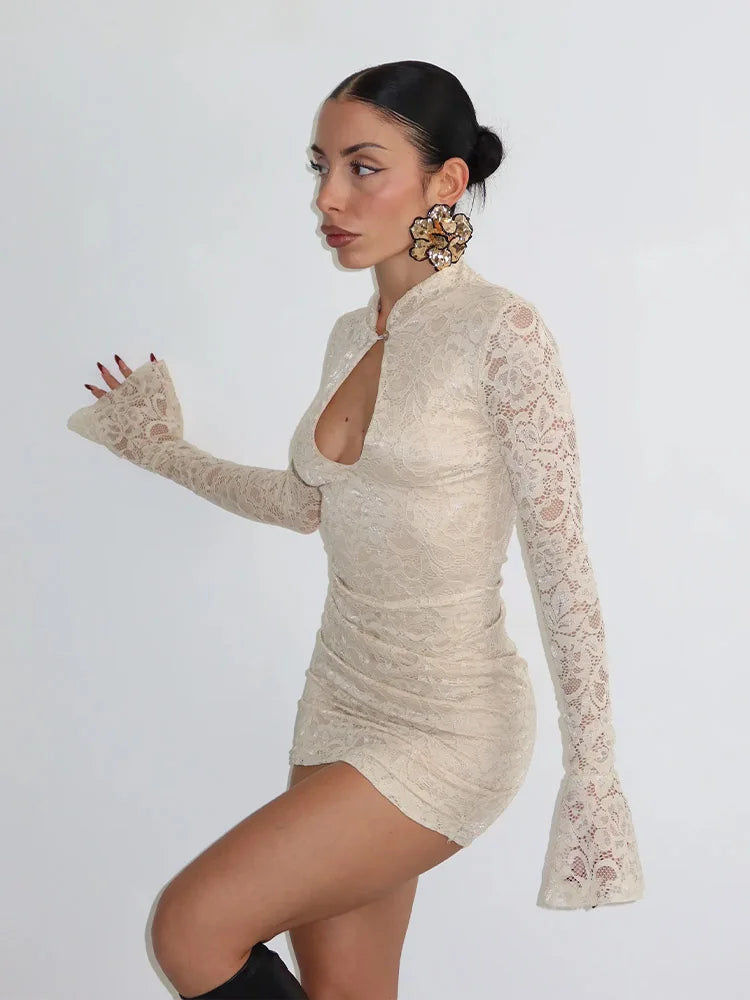 Sexy Lace Mini Dress - Women's Sheath Bodycon Above Knee Dress With Long Flare Sleeves