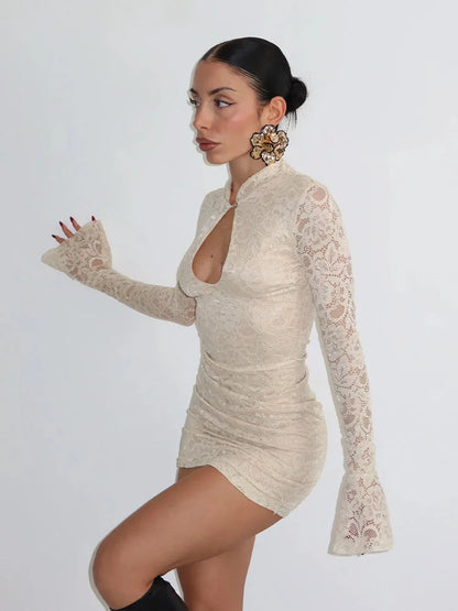 Sexy Lace Mini Dress - Women's Sheath Bodycon Above Knee Dress With Long Flare Sleeves