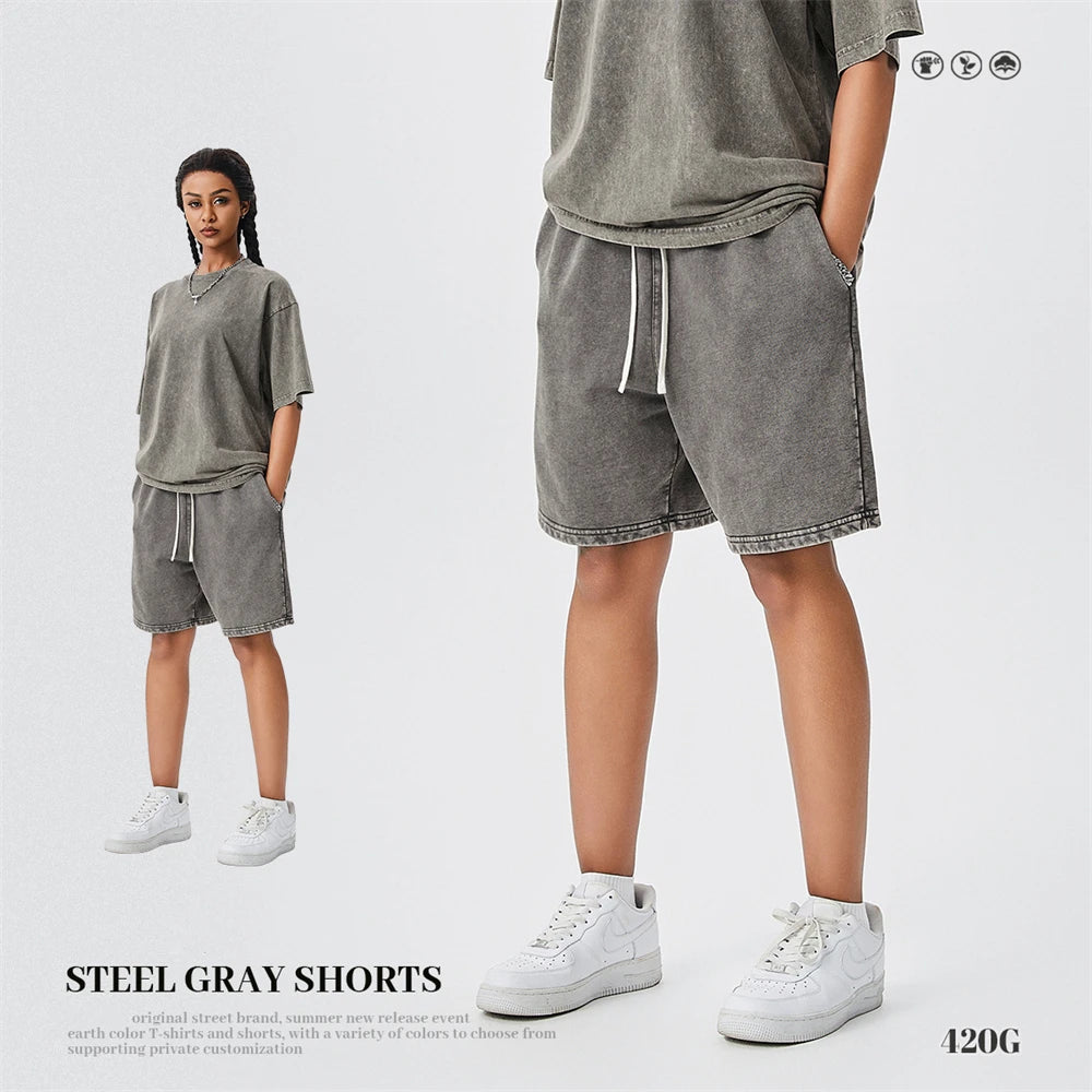 ZODF Trendy Batik Washed 420gsm Cotton Shorts For Men Retro Unisex Basic Heavy Weight Loose Solid Shorts Brand Bottoms HY0855
