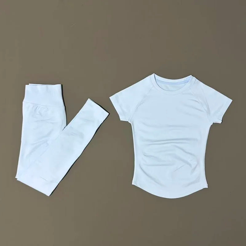 2 Piece Women Solid Color Set Summer Casual Short Sleeve T-Shirt High Waist Long Pants Soft Breathable Tracksuit Daily Outfit