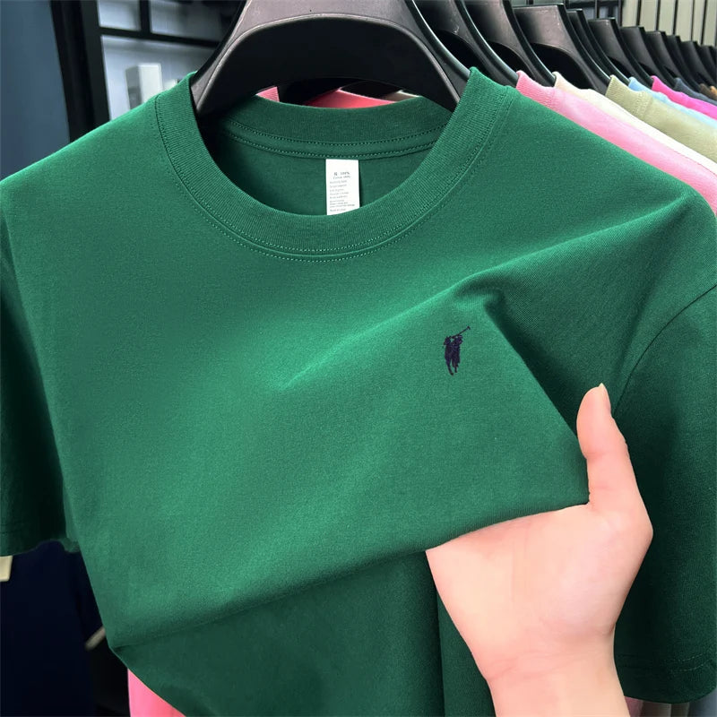 Xiaoma Embroidery Casual Pure Cotton Short Sleeved T-shirt for Young Men, Round Neck Solid Color T-shirt for Men