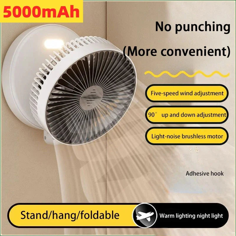 5000mAh 3IN1 Rechargeable Multifunctional Portable Fan Wall Mounted Fan 90° Folding Fan 4 Gears With Warm Night Light New 2025