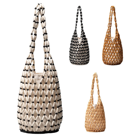 Handmade Wooden Beaded Tote Bag - Woven Shoulder Bag for Travel - ZOOMNSTORE