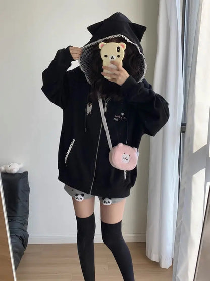 Zipper Hoodie Gothic Cartoon Kawaii Cat Ear Y2k Jacket Zip Up Thin Coat Spring Autumn Cute Core 2000s Clothes Fall Sweatshirts