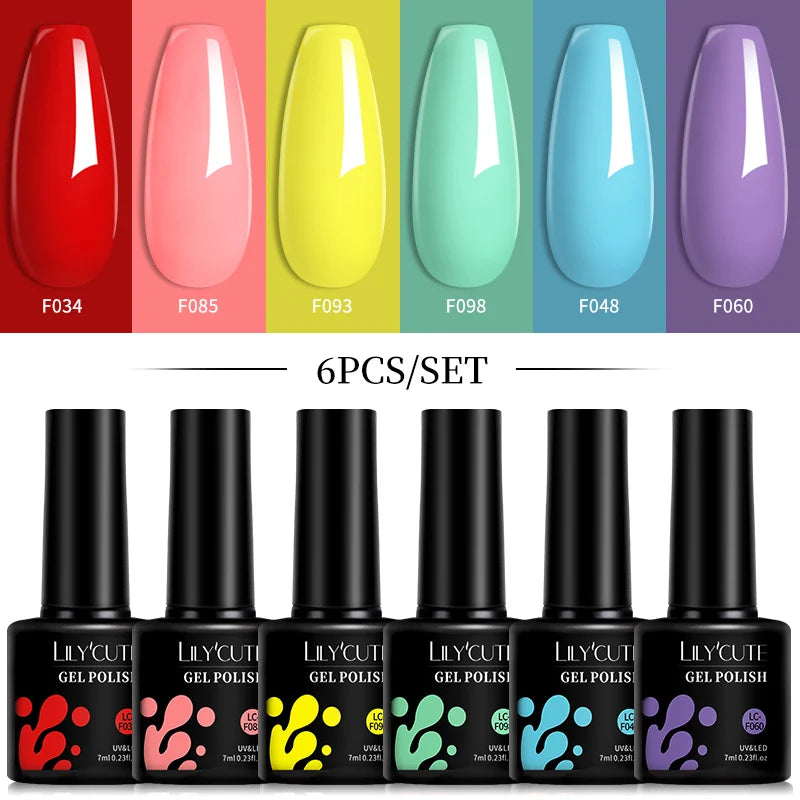 Bright Pink Gel Nail Polish Set - 6Pcs 7ML Semi-Permanent Soak Off UVLED Varnish Kit