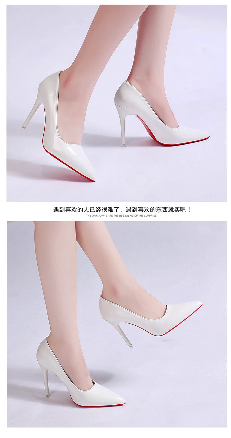 White Nude Pointed Toe Patent Leather High Heels Sexy Red Sole Party Prom Girl Pumps Minimalist Shallow Mouth Work Single Shoes