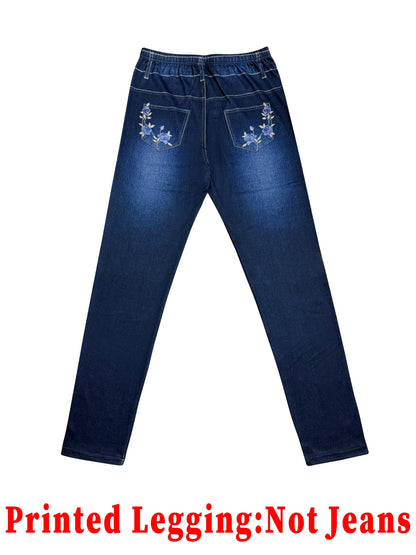 Women's Printed Skinny Pants, High Elastic Seamless Design with Faux Pockets, Casual & Sporty