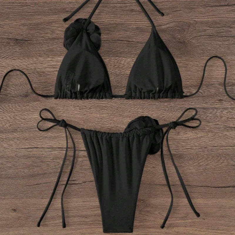 3D Flower Halter Bikini Set - Sexy Womens Swimwear - ZOOMNSTORE