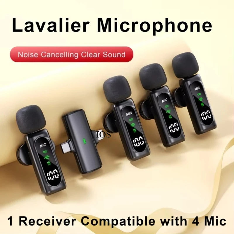 Wireless Lavalier Microphone Set with 4 Receivers Noise-Canceling Mini Mic for iPhone Android Portable Audio Video Recording