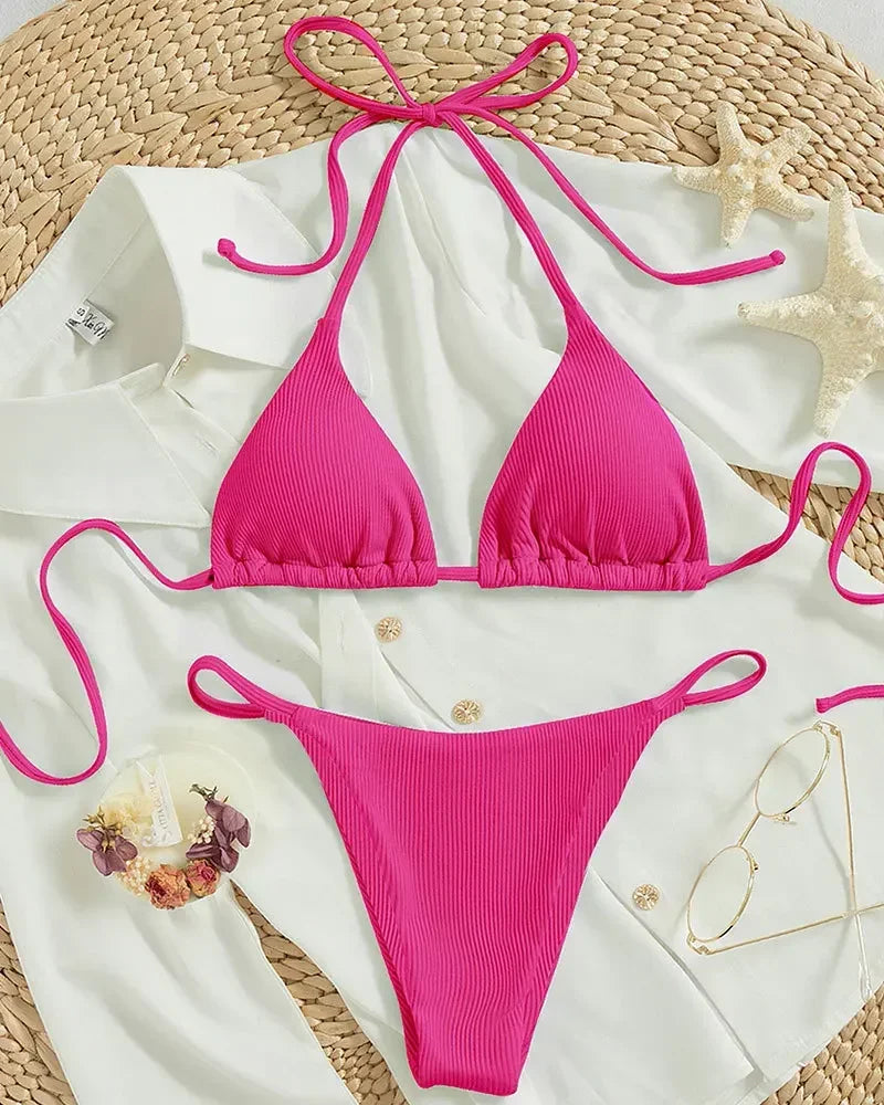 Sexy Women Thong Solid Color Bikini Set Side Halter Tie Swimsuit Ladies Split Strap Adjustable Brazilian Swimwear Beachwear