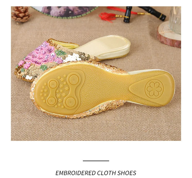 36-40 Women Slippers Sequin Embroider Shoes Summer Silk Fabric Flats Flower Closed Toe Soft Sole Non-slip Chinese Style Footwear