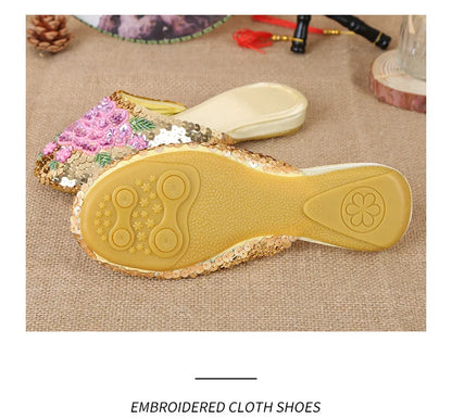 36-40 Women Slippers Sequin Embroider Shoes Summer Silk Fabric Flats Flower Closed Toe Soft Sole Non-slip Chinese Style Footwear