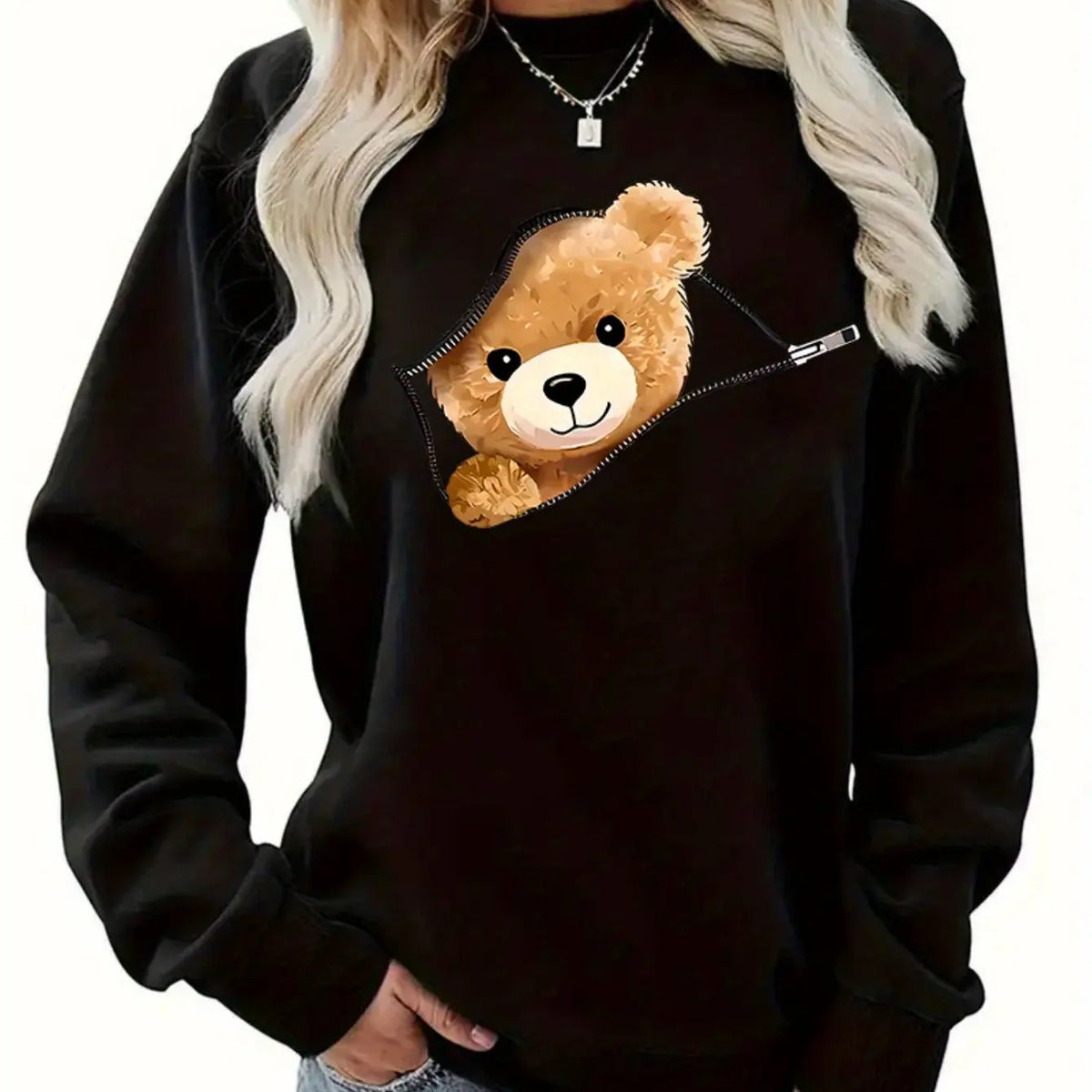 Women's Autumn and Winter Loose Casual Cartoon Zipper Bear Pattern Printed Velvet Long-Sleeved Round Neck Sweatshirt Pullover