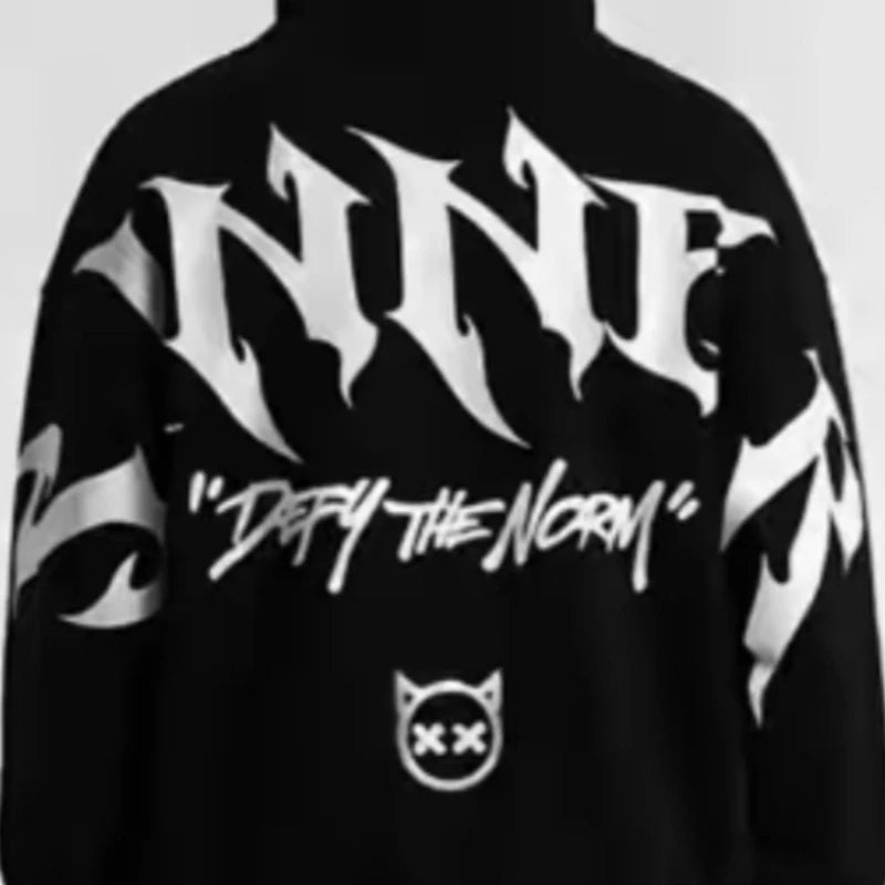 Mens Gothic Sinner Defy The Moon Print Oversized Hoodie Black Streetwear Motorcycle Riding Casual Pullover Hooded Sweatshirts