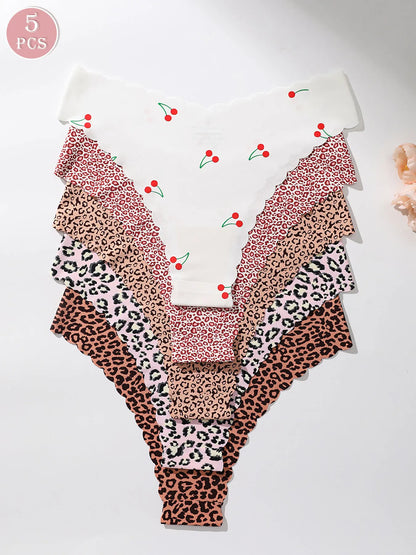 5-piece set of fully printed women's triangle panties with wavy edges, smooth and skin-friendly soft women's underwear