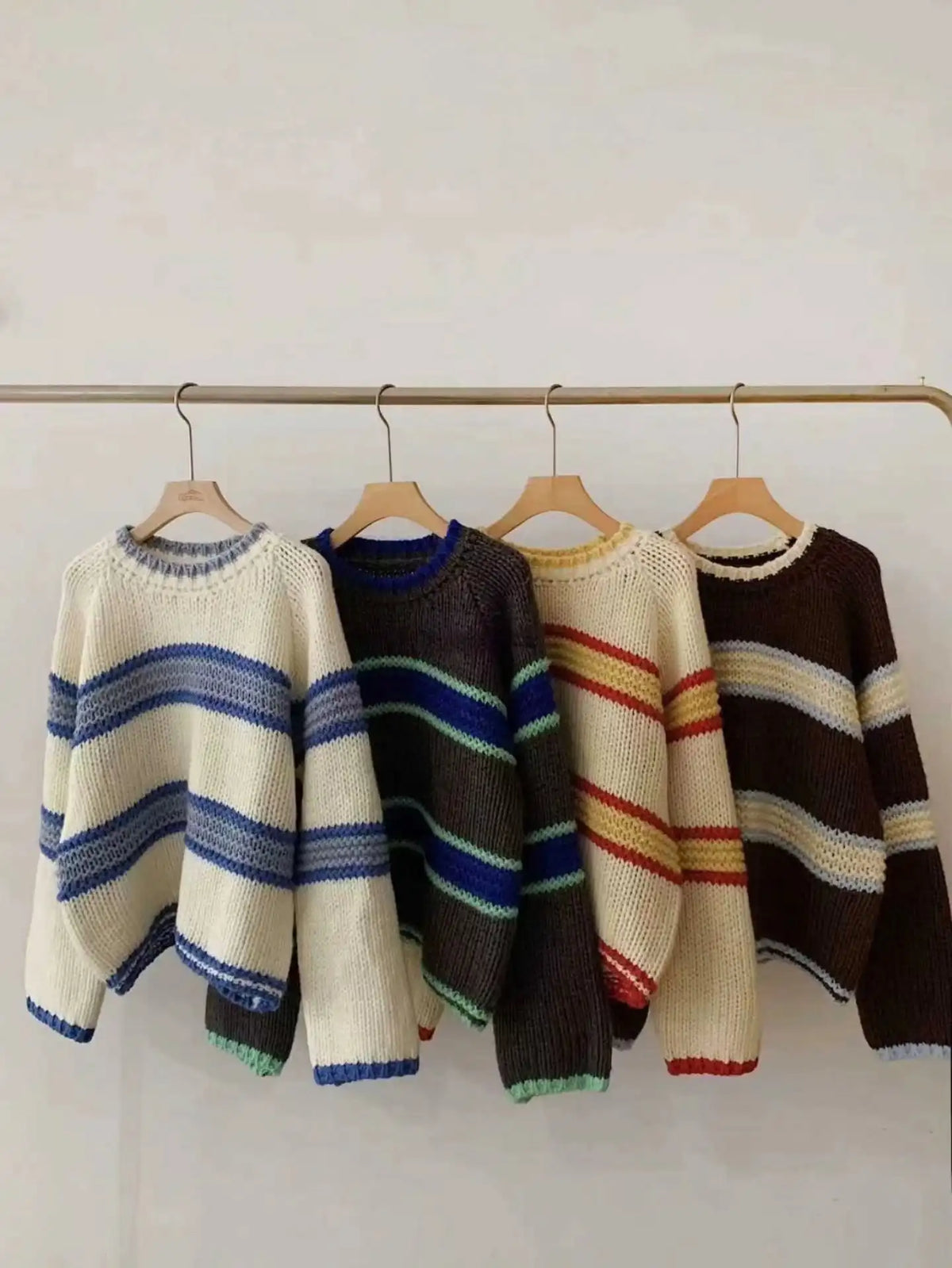 Chic Loose Long Sleeve Knitted Sweater round Neck Striped Autumn Winter New Style Women's Regular Fit Comfortable Casual Sweater