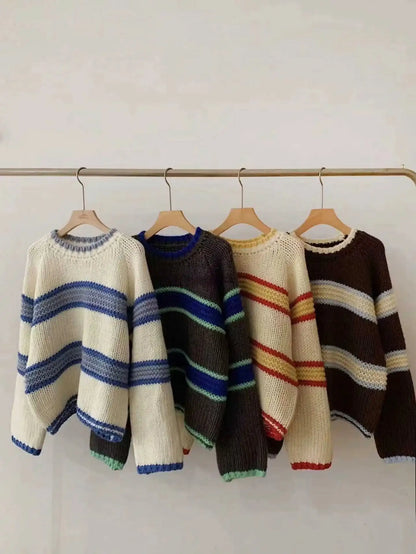 Chic Loose Long Sleeve Knitted Sweater round Neck Striped Autumn Winter New Style Women's Regular Fit Comfortable Casual Sweater
