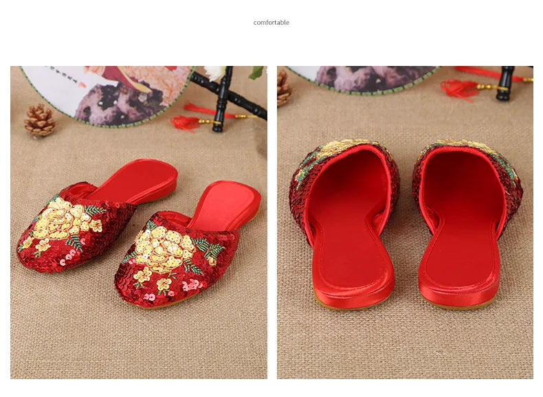 36-40 Women Slippers Sequin Embroider Shoes Summer Silk Fabric Flats Flower Closed Toe Soft Sole Non-slip Chinese Style Footwear