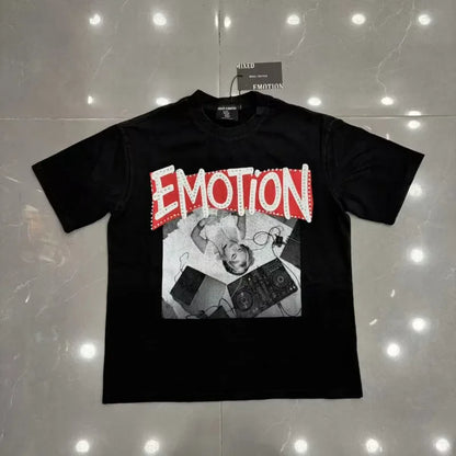 New MIXED-EMOTION Rhinestone cartoon printed pattern 100% cotton Men Women T-shirt Loose casual Shinning Diamond Tees Oversized Top