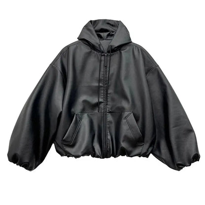 Mauroicardi Spring Autumn Short Oversized Black Soft Pu Leather Jacket Men with Hood Zipper Loose Casual Korean Fashion Clothes