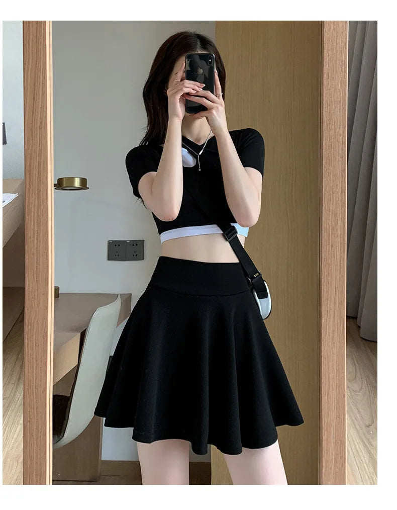 Summer Women's Skirts Fashion Sexy Mini Elastic Pleated Sun Skirts For School Girl Uniform Korean Black High Waist Tennis Skirts