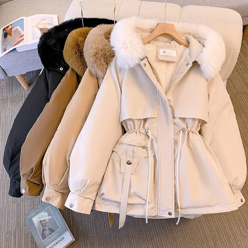 Women Winter Jacket - Fleece Lined Puffer Coat With Hooded Zipper Closure