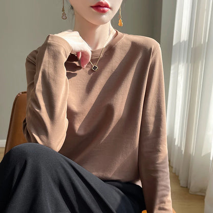 100 Cotton Womens Long-Sleeved Round Neck T-Shirt - Loose Bottoming Top for Spring  Autumn