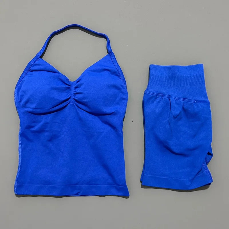 2Pcs HISTELLO Yoga Set Women Halter Tank Top Scrunch Butt Lifting Shorts Ruched Anti Chafe Quick Dry Gym Workout Sports Set