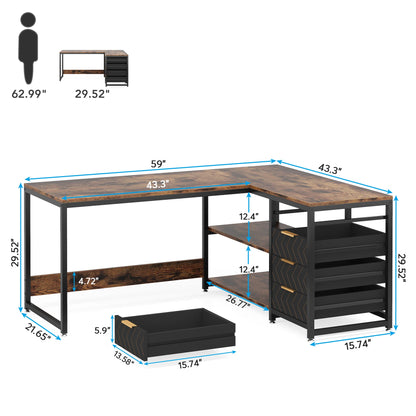 L Shaped Computer Desk - Reversible Corner Office Desk with Drawers & Shelves