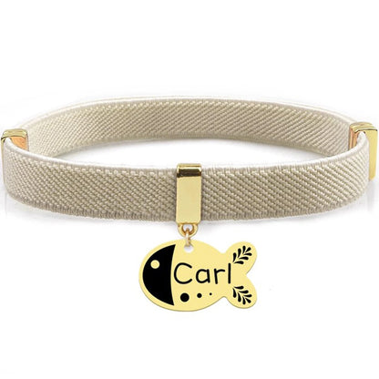 Free Customized Cat Collar Cute Fish Metal Necklace Pet ID Name Tag Personalized GPS Tracker Kitten Dog Breakaway Elastic Collar