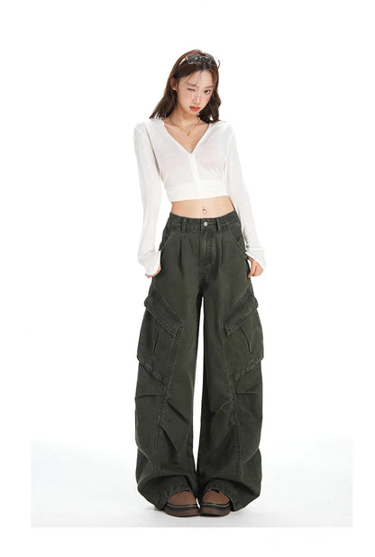 Retro Casual High Waisted Baggy Cargo Jeans Women Washed Distressed Wide Leg Pants Brown Denim Y2K Streetwear Vintage Trousers