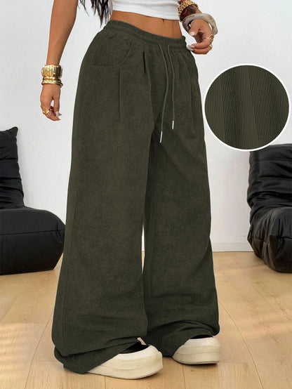 Women's Retro Corduroy Cargo Pants Casual Drawstring Straight Sports Pants Drape Daily Commuting Wide Leg Pants