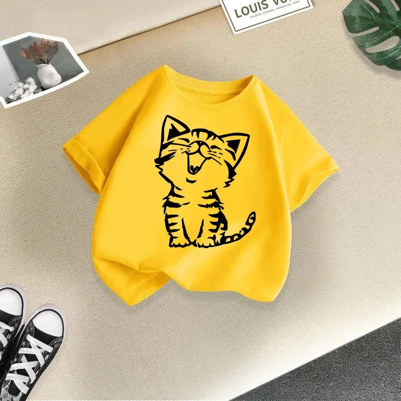 Summer New Cute Cat Animal Print Round Neck Short Sleeved Tee Shirt for Boys and Girls Fashionable and Simple Children's T-shirt