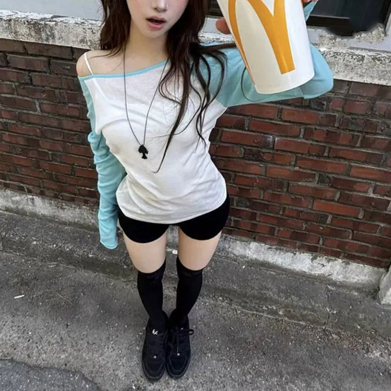 Y2K Clothing Patchwork T-shirt Women Aesthetic 2000s Skew Collar Long Sleeves Tops Autumn Vintage Harajuku Streetwear Tee Shirt